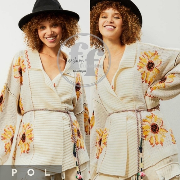 POL Golden Sunflower Floral Belted Cardi Coat Tie Cardigan Sweater Jacket Belt - Picture 7 of 7